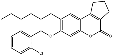 7-[(2-chlorobenzyl)oxy]-8-hexyl-2,3-dihydrocyclopenta[c]chromen-4(1H)-one Struktur