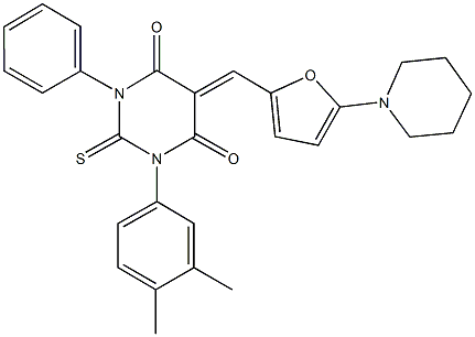 1-(3,4-dimethylphenyl)-3-phenyl-5-{[5-(1-piperidinyl)-2-furyl]methylene}-2-thioxodihydro-4,6(1H,5H)-pyrimidinedione Struktur