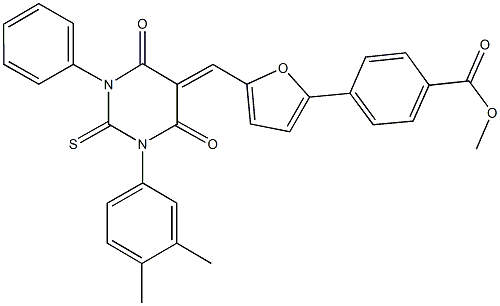 methyl 4-{5-[(1-(3,4-dimethylphenyl)-4,6-dioxo-3-phenyl-2-thioxotetrahydro-5(2H)-pyrimidinylidene)methyl]-2-furyl}benzoate Struktur