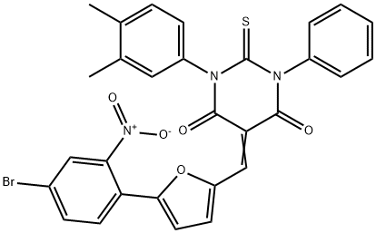 5-[(5-{4-bromo-2-nitrophenyl}-2-furyl)methylene]-1-(3,4-dimethylphenyl)-3-phenyl-2-thioxodihydro-4,6(1H,5H)-pyrimidinedione Struktur