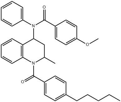 4-methoxy-N-[2-methyl-1-(4-pentylbenzoyl)-1,2,3,4-tetrahydro-4-quinolinyl]-N-phenylbenzamide Struktur