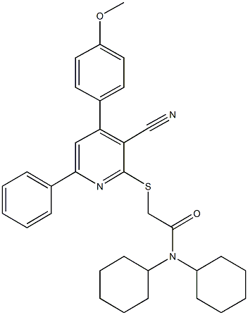 2-{[3-cyano-4-(4-methoxyphenyl)-6-phenyl-2-pyridinyl]sulfanyl}-N,N-dicyclohexylacetamide Struktur