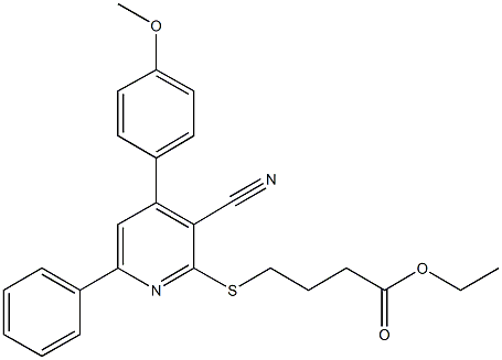 ethyl 4-{[3-cyano-4-(4-methoxyphenyl)-6-phenyl-2-pyridinyl]sulfanyl}butanoate Struktur