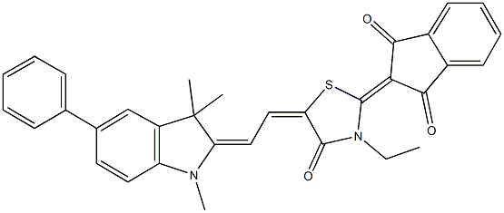 2-{3-ethyl-4-oxo-5-[2-(1,3,3-trimethyl-5-phenyl-1,3-dihydro-2H-indol-2-ylidene)ethylidene]-1,3-thiazolidin-2-ylidene}-1H-indene-1,3(2H)-dione Struktur