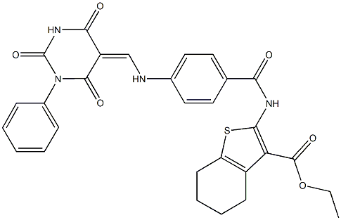 ethyl 2-[(4-{[(2,4,6-trioxo-1-phenyltetrahydro-5(2H)-pyrimidinylidene)methyl]amino}benzoyl)amino]-4,5,6,7-tetrahydro-1-benzothiophene-3-carboxylate Struktur