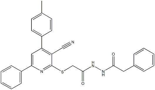 2-{[3-cyano-4-(4-methylphenyl)-6-phenyl-2-pyridinyl]sulfanyl}-N'-(phenylacetyl)acetohydrazide Struktur