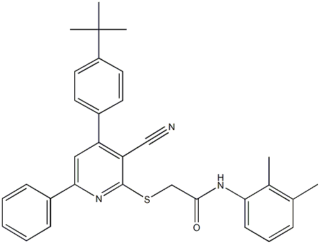 2-{[4-(4-tert-butylphenyl)-3-cyano-6-phenyl-2-pyridinyl]sulfanyl}-N-(2,3-dimethylphenyl)acetamide Struktur