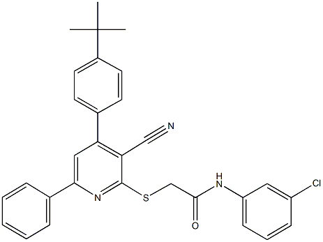 2-{[4-(4-tert-butylphenyl)-3-cyano-6-phenyl-2-pyridinyl]sulfanyl}-N-(3-chlorophenyl)acetamide Struktur