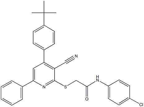 2-{[4-(4-tert-butylphenyl)-3-cyano-6-phenyl-2-pyridinyl]sulfanyl}-N-(4-chlorophenyl)acetamide Struktur