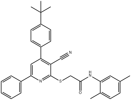 2-{[4-(4-tert-butylphenyl)-3-cyano-6-phenyl-2-pyridinyl]sulfanyl}-N-(2,5-dimethylphenyl)acetamide Struktur