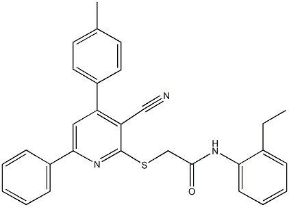 2-{[3-cyano-4-(4-methylphenyl)-6-phenyl-2-pyridinyl]sulfanyl}-N-(2-ethylphenyl)acetamide Struktur