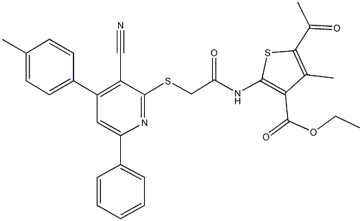 ethyl 5-acetyl-2-[({[3-cyano-4-(4-methylphenyl)-6-phenyl-2-pyridinyl]sulfanyl}acetyl)amino]-4-methyl-3-thiophenecarboxylate Struktur