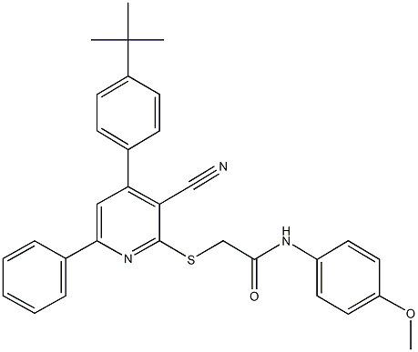 2-{[4-(4-tert-butylphenyl)-3-cyano-6-phenyl-2-pyridinyl]sulfanyl}-N-(4-methoxyphenyl)acetamide Struktur