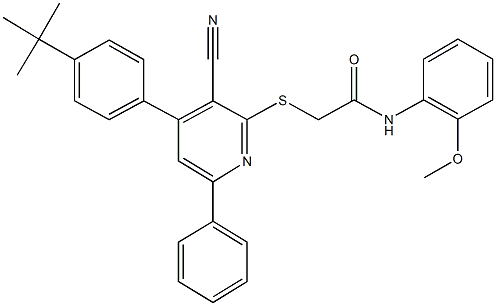 2-{[4-(4-tert-butylphenyl)-3-cyano-6-phenyl-2-pyridinyl]sulfanyl}-N-(2-methoxyphenyl)acetamide Struktur