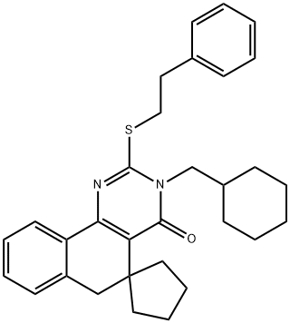 3-(cyclohexylmethyl)-2-[(2-phenylethyl)sulfanyl]-5,6-dihydrospiro(benzo[h]quinazoline-5,1'-cyclopentane)-4(3H)-one Struktur