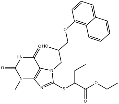 ethyl 2-({7-[2-hydroxy-3-(1-naphthyloxy)propyl]-3-methyl-2,6-dioxo-2,3,6,7-tetrahydro-1H-purin-8-yl}sulfanyl)butanoate Struktur