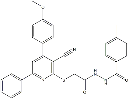 2-{[3-cyano-4-(4-methoxyphenyl)-6-phenyl-2-pyridinyl]sulfanyl}-N'-(4-methylbenzoyl)acetohydrazide Struktur