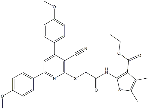 ethyl 2-[({[3-cyano-4,6-bis(4-methoxyphenyl)-2-pyridinyl]sulfanyl}acetyl)amino]-4,5-dimethyl-3-thiophenecarboxylate Struktur