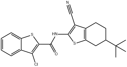 N-(6-tert-butyl-3-cyano-4,5,6,7-tetrahydro-1-benzothien-2-yl)-3-chloro-1-benzothiophene-2-carboxamide Struktur