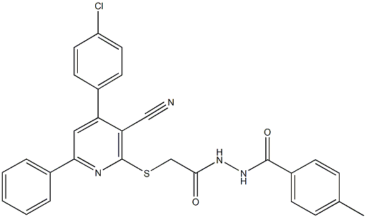 2-{[4-(4-chlorophenyl)-3-cyano-6-phenyl-2-pyridinyl]sulfanyl}-N'-(4-methylbenzoyl)acetohydrazide Struktur