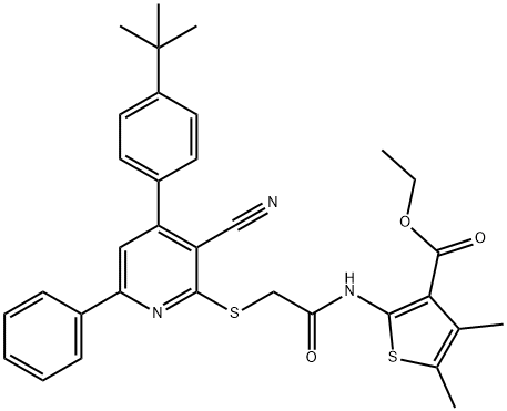 ethyl 2-[({[4-(4-tert-butylphenyl)-3-cyano-6-phenyl-2-pyridinyl]sulfanyl}acetyl)amino]-4,5-dimethyl-3-thiophenecarboxylate Struktur