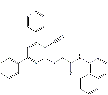 2-{[3-cyano-4-(4-methylphenyl)-6-phenyl-2-pyridinyl]sulfanyl}-N-(2-methyl-1-naphthyl)acetamide Struktur