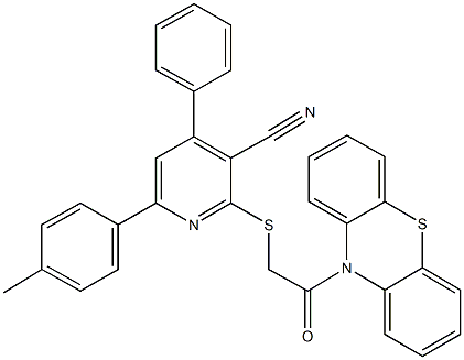 6-(4-methylphenyl)-2-{[2-oxo-2-(10H-phenothiazin-10-yl)ethyl]sulfanyl}-4-phenylnicotinonitrile Struktur