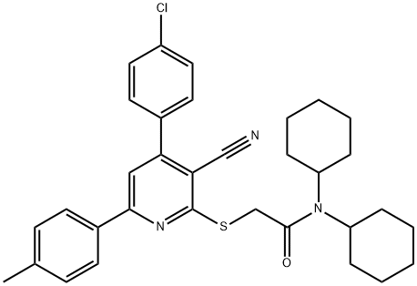 2-{[4-(4-chlorophenyl)-3-cyano-6-(4-methylphenyl)-2-pyridinyl]sulfanyl}-N,N-dicyclohexylacetamide Struktur