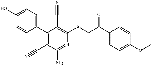 2-amino-4-(4-hydroxyphenyl)-6-{[2-(4-methoxyphenyl)-2-oxoethyl]sulfanyl}-3,5-pyridinedicarbonitrile Struktur