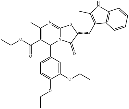 ethyl 5-(3,4-diethoxyphenyl)-7-methyl-2-[(2-methyl-1H-indol-3-yl)methylene]-3-oxo-2,3-dihydro-5H-[1,3]thiazolo[3,2-a]pyrimidine-6-carboxylate Struktur