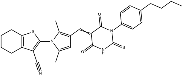 2-{3-[(1-(4-butylphenyl)-4,6-dioxo-2-thioxotetrahydro-5(2H)-pyrimidinylidene)methyl]-2,5-dimethyl-1H-pyrrol-1-yl}-4,5,6,7-tetrahydro-1-benzothiophene-3-carbonitrile Struktur