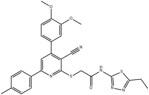 2-{[3-cyano-4-(3,4-dimethoxyphenyl)-6-(4-methylphenyl)-2-pyridinyl]sulfanyl}-N-(5-ethyl-1,3,4-thiadiazol-2-yl)acetamide Struktur