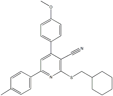 2-[(cyclohexylmethyl)sulfanyl]-4-(4-methoxyphenyl)-6-(4-methylphenyl)nicotinonitrile Struktur