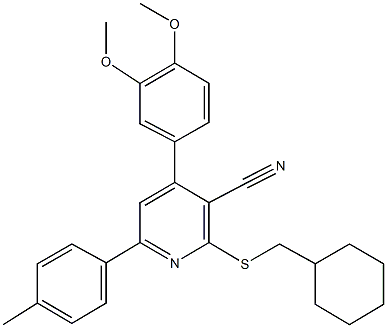 2-[(cyclohexylmethyl)sulfanyl]-4-(3,4-dimethoxyphenyl)-6-(4-methylphenyl)nicotinonitrile Struktur