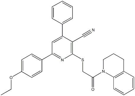 2-{[2-(3,4-dihydro-1(2H)-quinolinyl)-2-oxoethyl]sulfanyl}-6-(4-ethoxyphenyl)-4-phenylnicotinonitrile Struktur