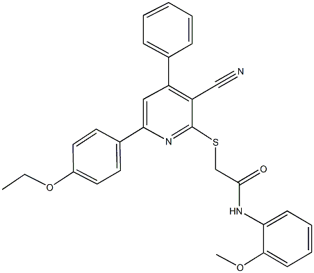 2-{[3-cyano-6-(4-ethoxyphenyl)-4-phenyl-2-pyridinyl]sulfanyl}-N-(2-methoxyphenyl)acetamide Struktur