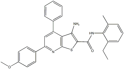 3-amino-N-(2-ethyl-6-methylphenyl)-6-(4-methoxyphenyl)-4-phenylthieno[2,3-b]pyridine-2-carboxamide Struktur