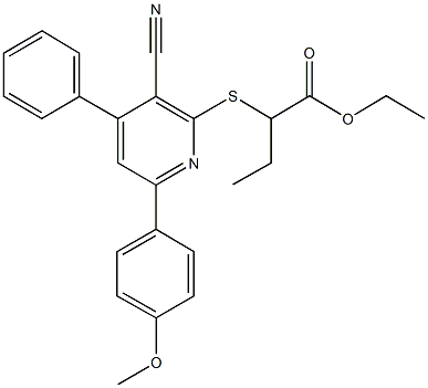 ethyl 2-{[3-cyano-6-(4-methoxyphenyl)-4-phenyl-2-pyridinyl]sulfanyl}butanoate Struktur