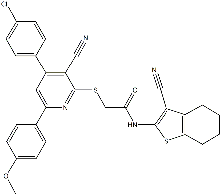 2-{[4-(4-chlorophenyl)-3-cyano-6-(4-methoxyphenyl)-2-pyridinyl]sulfanyl}-N-(3-cyano-4,5,6,7-tetrahydro-1-benzothien-2-yl)acetamide Struktur