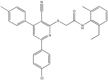 2-{[6-(4-chlorophenyl)-3-cyano-4-(4-methylphenyl)-2-pyridinyl]sulfanyl}-N-(2-ethyl-6-methylphenyl)acetamide Struktur