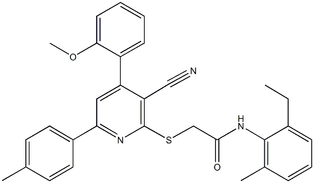 2-{[3-cyano-4-(2-methoxyphenyl)-6-(4-methylphenyl)-2-pyridinyl]sulfanyl}-N-(2-ethyl-6-methylphenyl)acetamide Struktur