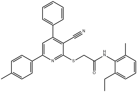 2-{[3-cyano-6-(4-methylphenyl)-4-phenyl-2-pyridinyl]sulfanyl}-N-(2-ethyl-6-methylphenyl)acetamide Struktur