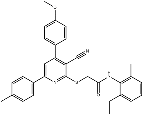 2-{[3-cyano-4-(4-methoxyphenyl)-6-(4-methylphenyl)-2-pyridinyl]sulfanyl}-N-(2-ethyl-6-methylphenyl)acetamide Struktur