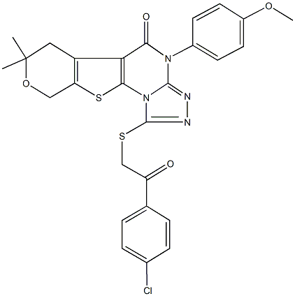 1-{[2-(4-chlorophenyl)-2-oxoethyl]sulfanyl}-4-(4-methoxyphenyl)-7,7-dimethyl-6,9-dihydro-7H-pyrano[4',3':4,5]thieno[3,2-e][1,2,4]triazolo[4,3-a]pyrimidin-5(4H)-one Struktur