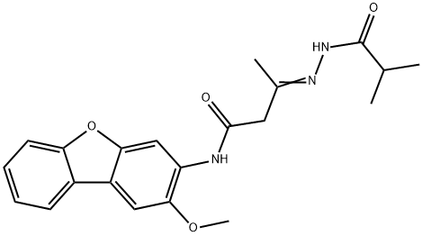 3-(isobutyrylhydrazono)-N-(2-methoxydibenzo[b,d]furan-3-yl)butanamide Struktur