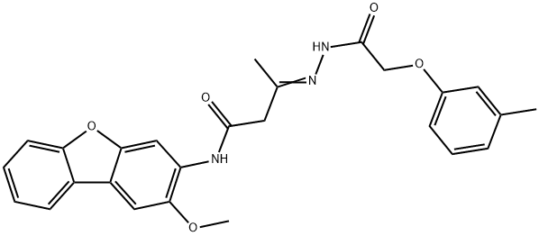 N-(2-methoxydibenzo[b,d]furan-3-yl)-3-{[(3-methylphenoxy)acetyl]hydrazono}butanamide Struktur