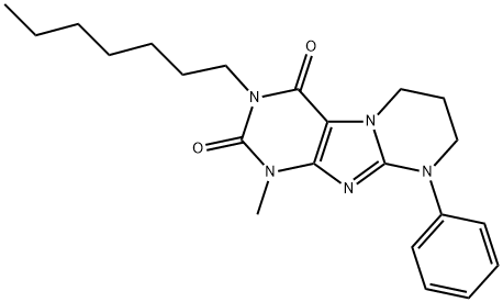 3-heptyl-1-methyl-9-phenyl-6,7,8,9-tetrahydropyrimido[2,1-f]purine-2,4(1H,3H)-dione Struktur