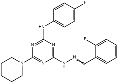 2-fluorobenzaldehyde [4-(4-fluoroanilino)-6-piperidin-1-yl-1,3,5-triazin-2-yl]hydrazone Struktur