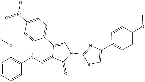 3-{4-nitrophenyl}-1-[4-(4-methoxyphenyl)-1,3-thiazol-2-yl]-1H-pyrazole-4,5-dione 4-[(2-ethoxyphenyl)hydrazone] Struktur