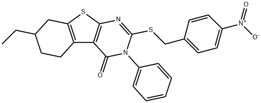 7-ethyl-2-({4-nitrobenzyl}sulfanyl)-3-phenyl-5,6,7,8-tetrahydro[1]benzothieno[2,3-d]pyrimidin-4(3H)-one Struktur